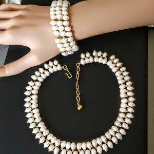 Vintage Crown Trifari Faux Pearl Cabochon Necklace & Bracelet Set